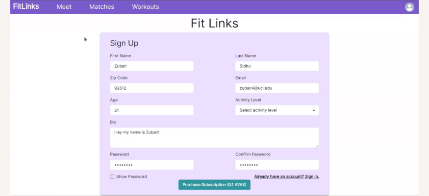 Fit Links signup page